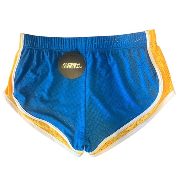 Andrew Christian Sports Mesh Jogger Shorts Electric Blue Yellow Medium - Picture 2 of 8